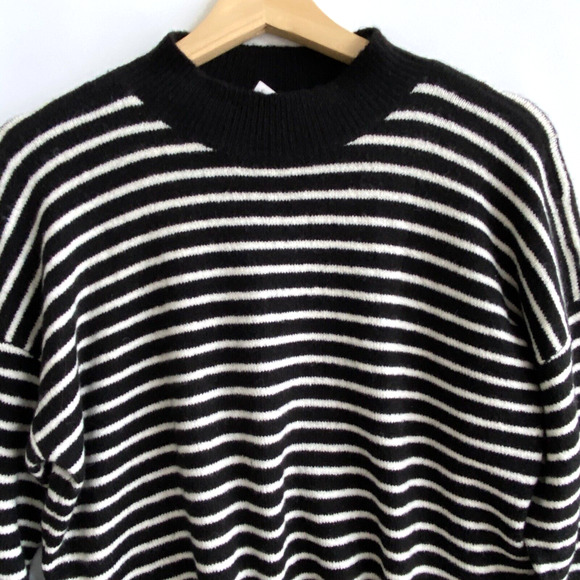 LOFT Soft Wool Blend Black & White Striped Tie Front Sweater Mockneck Size S NWT - Picture 3 of 5